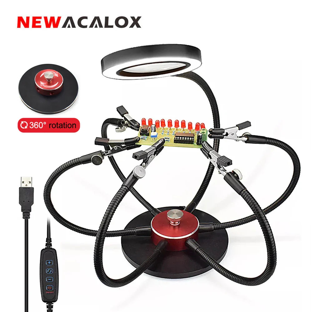 NEWACALOX Soldering Iron Holder USB LED Lights 3X Magnifying Glass 6 Pcs Flexible Arms Soldering Station Third Hand Welding Tool