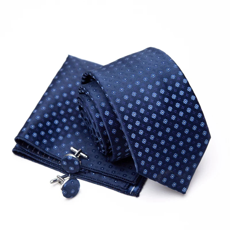 Mens Jacquard Tie Cravat Cufflinks Set Luxury Necktie Fashion Stripe Ties for Men Gift Wedding Dress Handkerchief Accessories