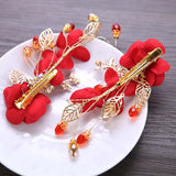 New Fashion Chinese Red Flower Simulated Pearl Crystal Hair Clip Hairpin Noiva Bridal Bride Wedding Veil Decoration Jewelry