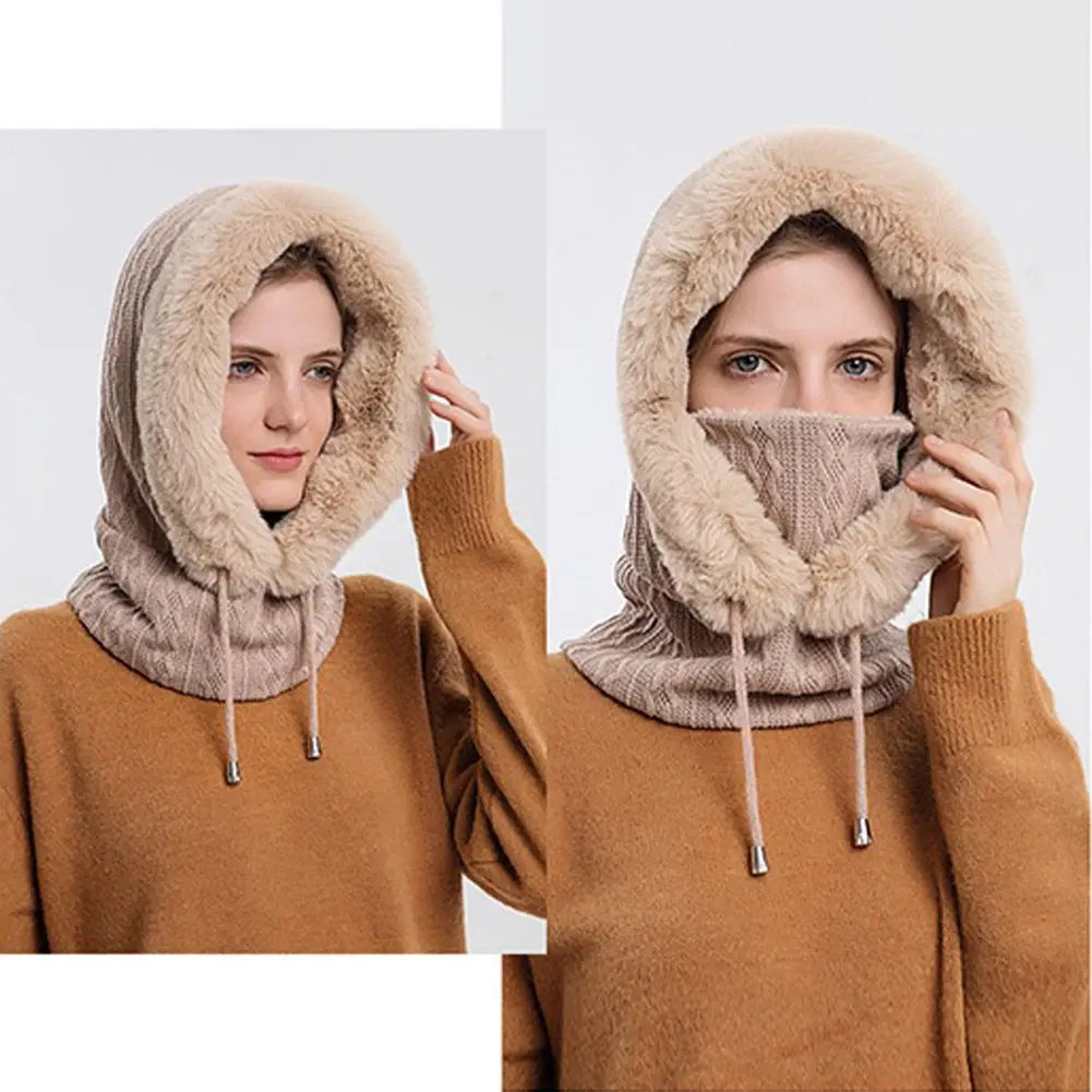 Winter 3 in1 Warm Women Knitted Ski Hat With Scarf Neck  Fleece Lined Hood Face Mask Adult Balaclava For Outdoor Sports