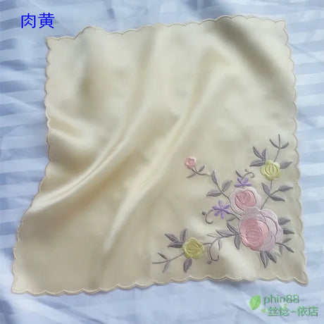 Women's 100% Pure Silk 16.5 mm satin silk embroidery Square handkerchief 26cm 10" WJ007