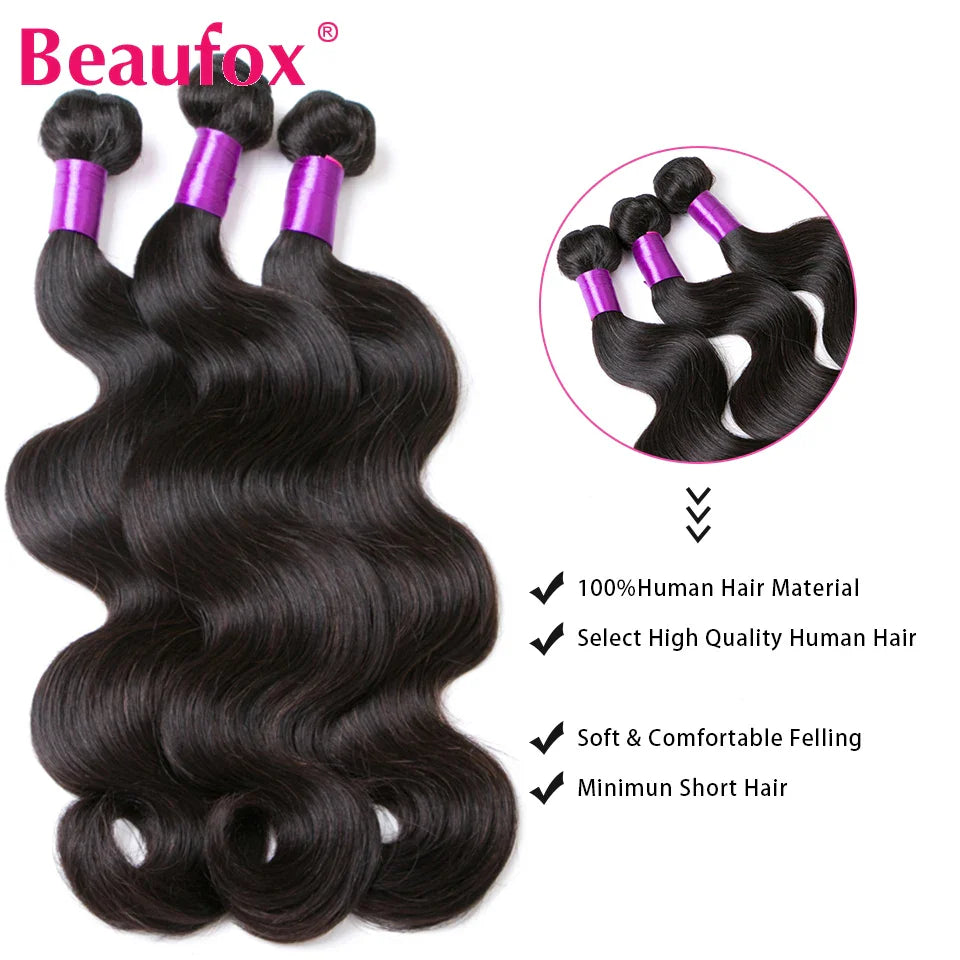 Beaufox Body Wave Bundles With Closure Brazilian Hair Weave 3/4 Bundles With Closure Natural Human Hair Bundles With Closure