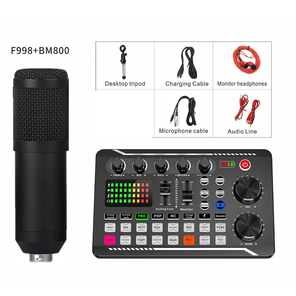 F998 Bluetooth-Compatible Sound Card with BM800 USB Microphone Set professional Studio Record Phone Computer Voice Mixing