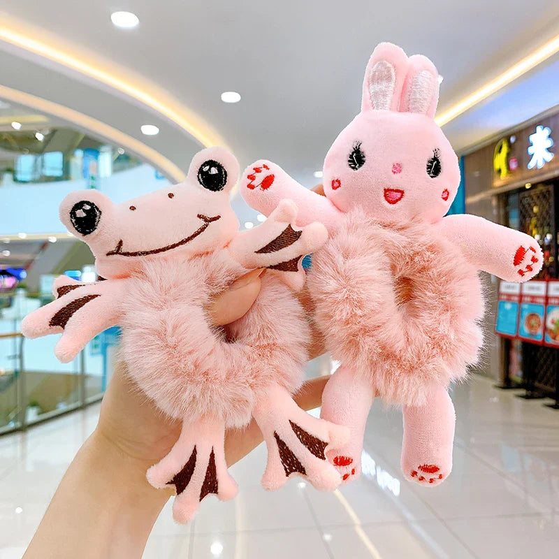 2pcs Plush Animal Scrunchie Set Elastic Hair tie Ponytail Rubber Band Accessories Kawaii Stuffed Cartoon Frog Cat Hair Rope Girl