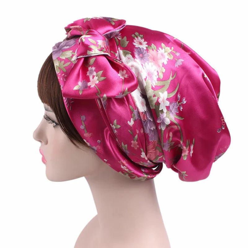 New Women Silk Satin Night Sleeping Cap Head Wrap Bowknot Turban Pre Tied Fitted Bandana Chemo Cap Nightcap Hair Loss Patients