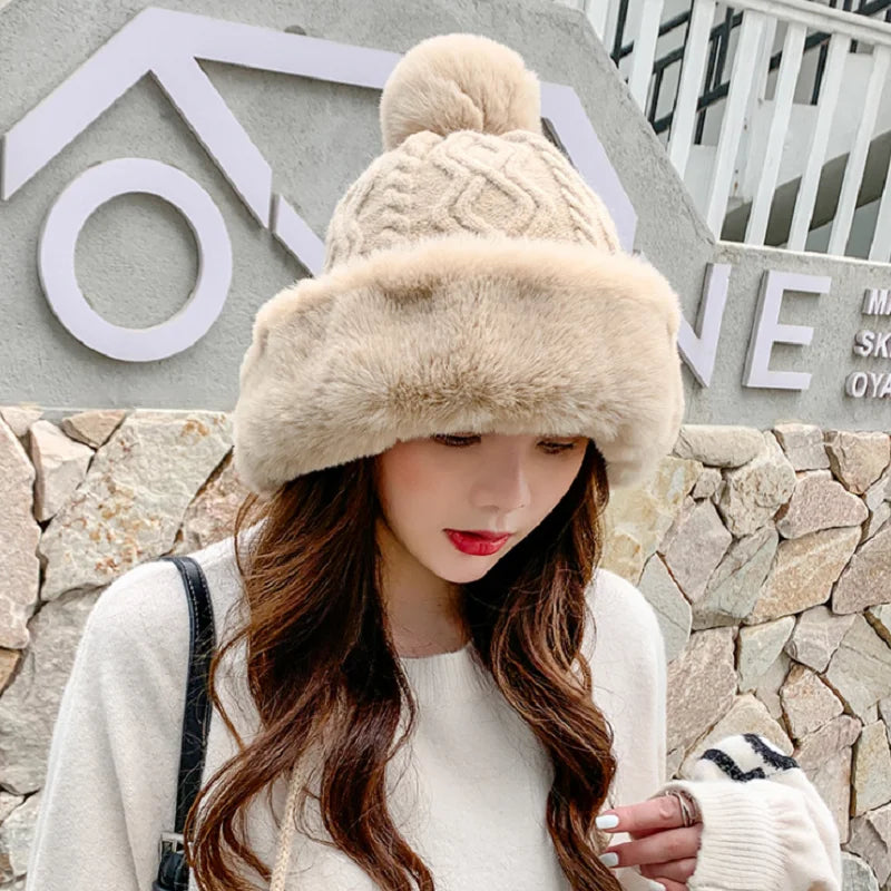 2021 New Pompom Winter Hats For Wome Earmuffs Thicken Ear-flapped Hat Fleece Lined Girl Knit Bonnets Cute Ladies Ear Beanies Cap