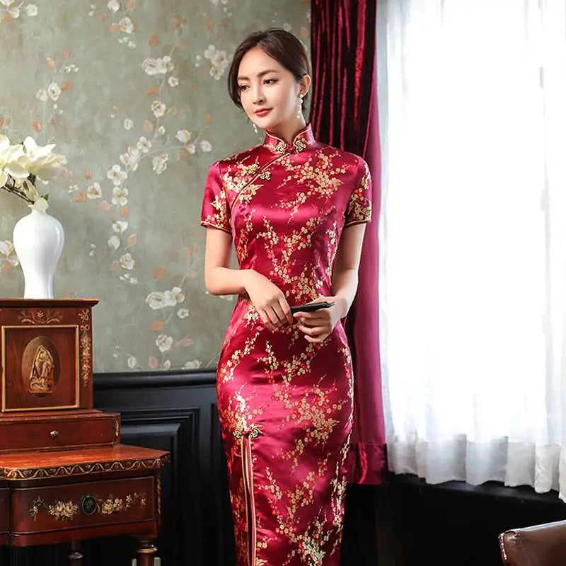 Sexy New Brocade Satin Long Fork Cheongsam Chinese Classic Women's Qipao Elegant Short Sleeve Novelty Wedding Evening Dress 4XL