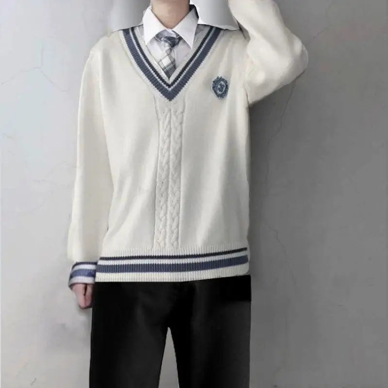 Autumn And Winter College Style V-neck Knitted Sweater Unisex Student Shirt Sweater Pants 3-pcs JK Uniform Couple Class Service