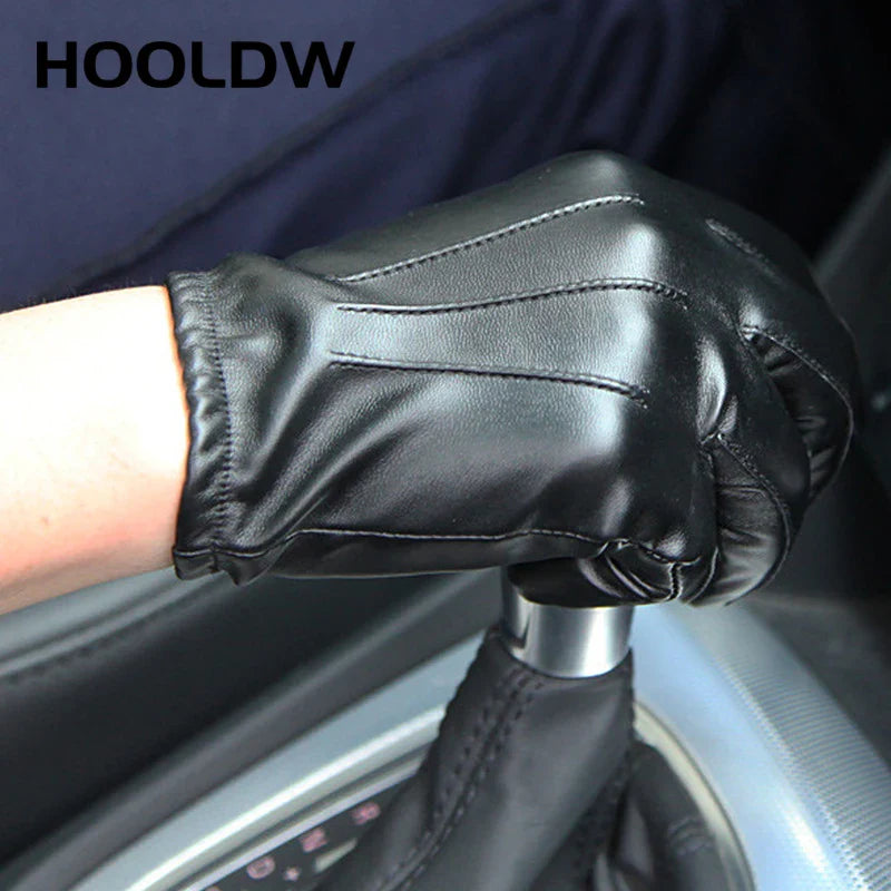 HOOLDW New Winter Gloves Men Women Black PU Leather Cashmere Warm Driving Gloves Mittens Touch Screen Waterproof Tactical Gloves