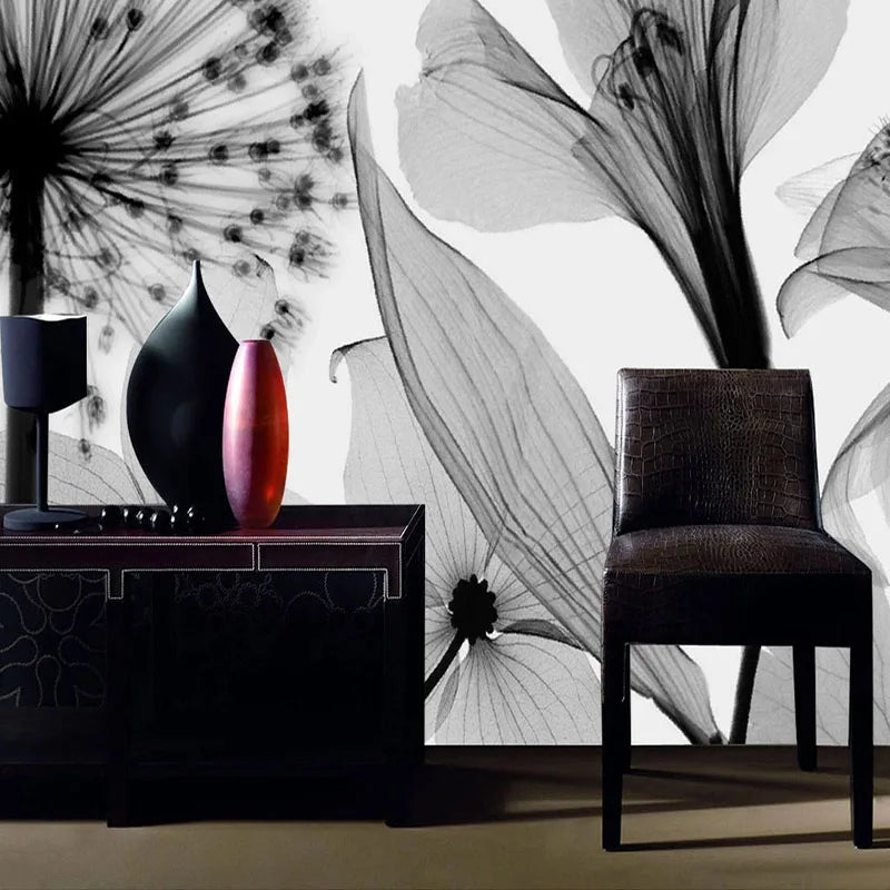 Modern Hand Painted Black And White Dandelion Flowers Mural Wallpaper 3D Abstract Art Wall Painting Living Room Papel De Parede