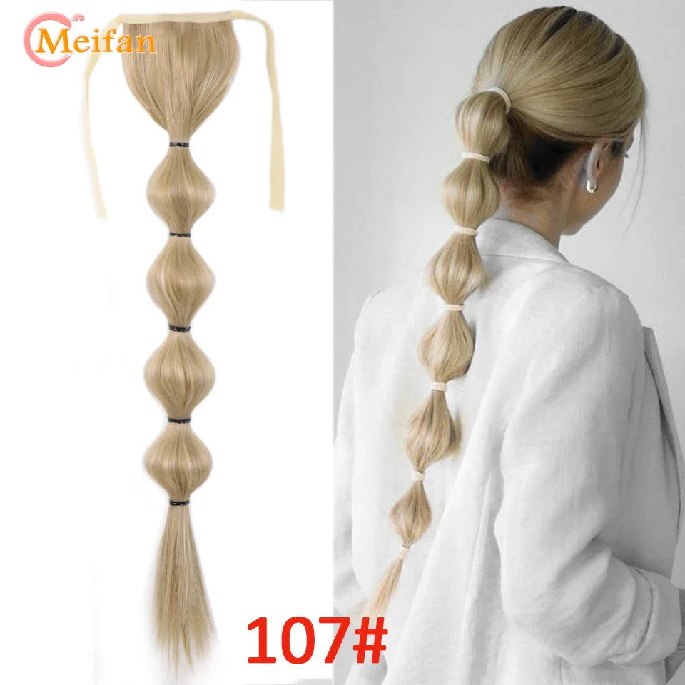 MEIFAN Synthetic Long Hair Lantern Bubble Ponytail Clip in Drawstring Brown Bubble Braids Natural Fake Pony Tail Hair Extensions