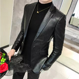 Men Suit Black Slim Fit Blazer Hombre PU Leather Jacket Male One Button Business Casual Prom Korean Suit Coat