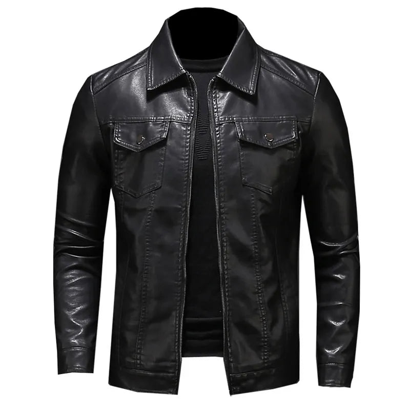 Men's Motorcycle Leather Jacket Large Size Pocket Black Zipper Lapel Slim Fit Male Spring and Autumn High Quality Pu Coat M-5Xl