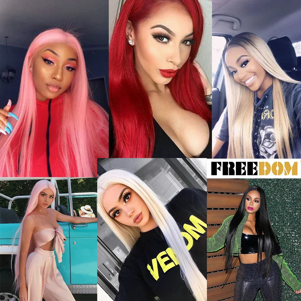 FREEDOM Synthetic Lace Front Wigs For Women Straight Hair Synthetic Lace Wigs 38 Inch Ombre Long Cosplay Wigs Blonde Pink Wig