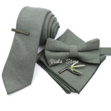 Top 50% Wool Soft 7cm Tie Bowtie Hankie Clip Brooch Sets Dusty Green Solid Classy Men Wedding Suit Daily Cravat Accessory Gift