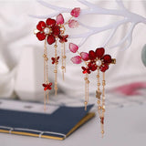 1pair Chinese Hanfu Hair Accessories Red Flower Hairpins Vintage Dress Headwear Long Butterfly Tassels Hair Clip Noiva Jewelry