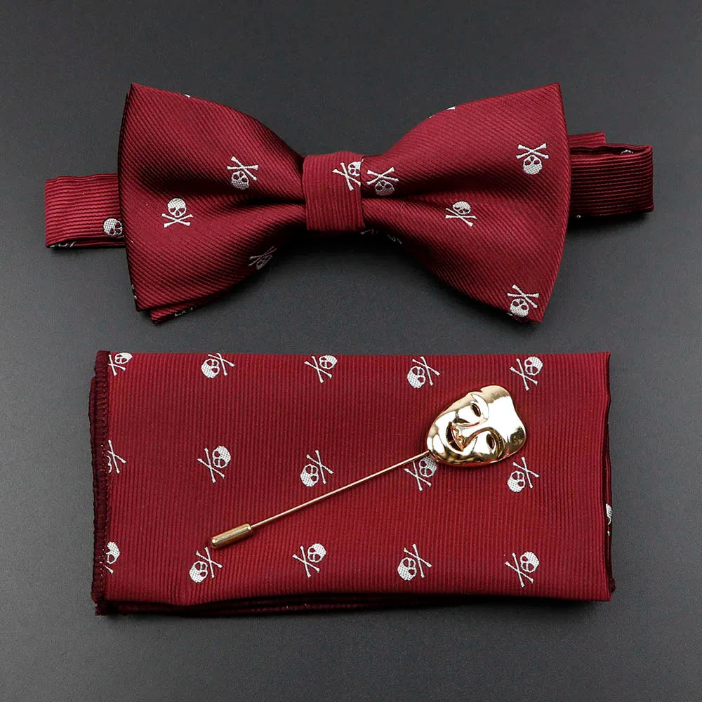 Fashion Men's Skull Tie Set New Design 8cm Polyester Suit Collar Bowtie Handkerchief Trendy Mask Brooch Luxury Wedding Accessory