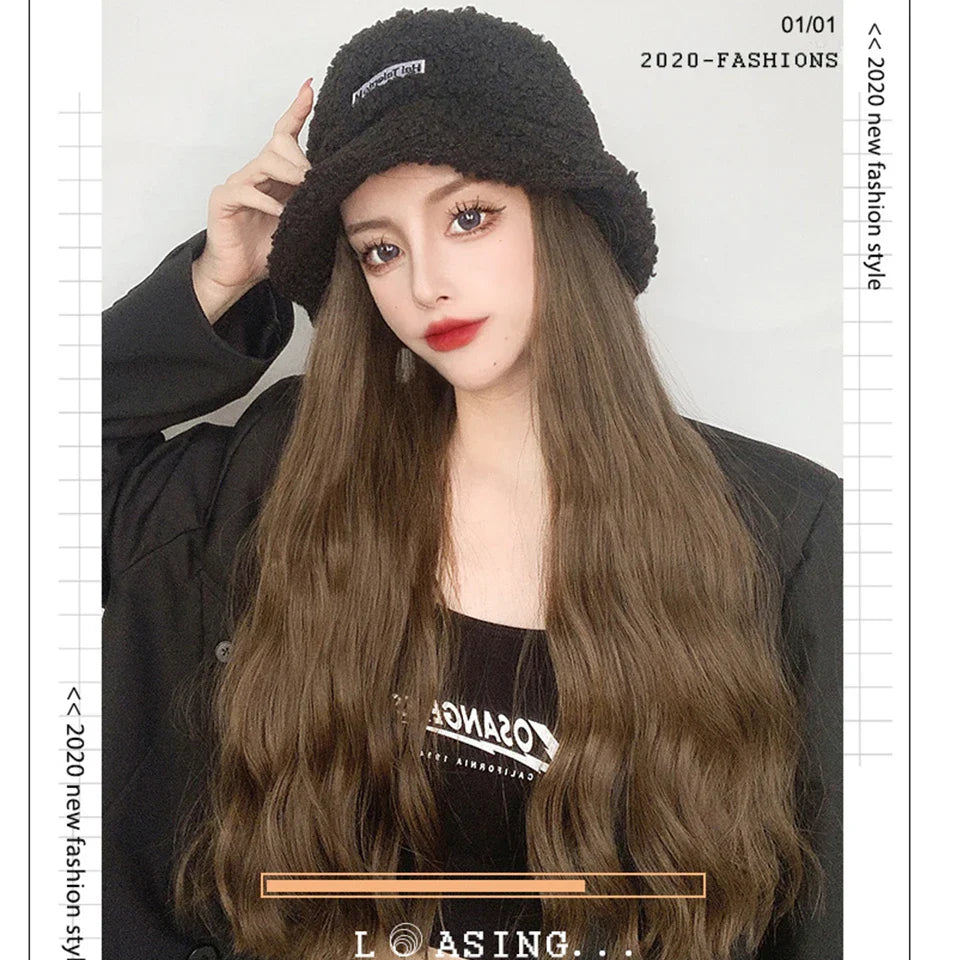 AS  Syntheti Curly hair Lamb wool fisherman hat Berets  Wig Natural Black Straight Wigs Naturally Connect Synthetic Hat Wig Adju