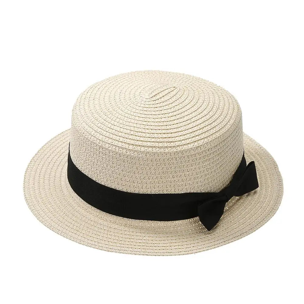 Summer New Women's Sun Hat Bucket cap Ribbon Flat top Straw Hats Beach Caps Panama Women Sun Hat Brim Bowknot  Straw Outdoor Hat