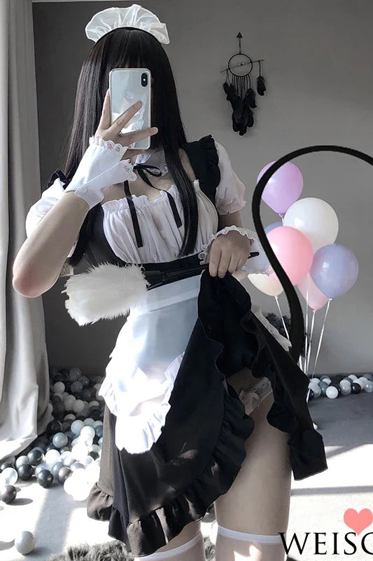 Sexy Nightdress Cute Lace Up Black and White Maid Dress Role Play Costume Transparent Chiffon Cosplay Anime Uniform Temptation