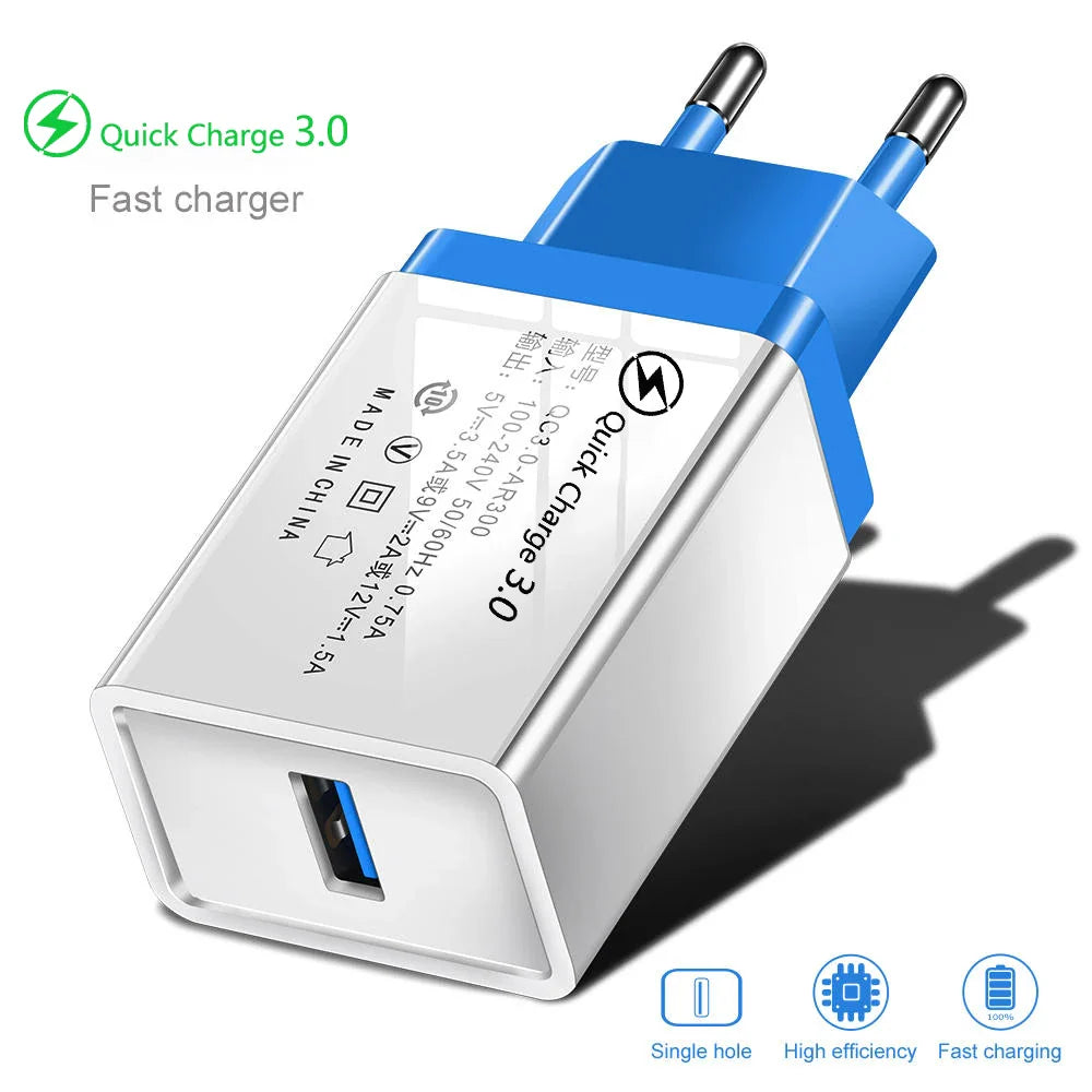 QC 3.0 USB Charger Quick charge 3.0 for iphone Samsung Xiaomi Huawei EU Adapter Charging Mobile Phone Charger Micro USB C Cable