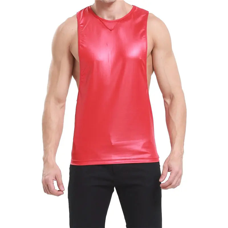 Sexy Mens Tank Tops Sleeveless Undershirts Faux Leather WetLook Stage Dance Clubwear Male NightClub Muscle Shirt Casual Men Vest