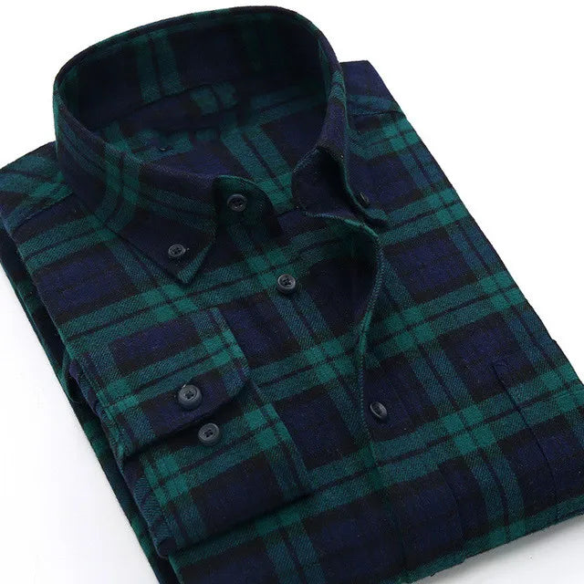 Quality Flannel Plaid Men Shirt Cotton Spring Autumn Casual Long Sleeve Dress Shirts Soft Comfort Slim Fit Button Down Clothes