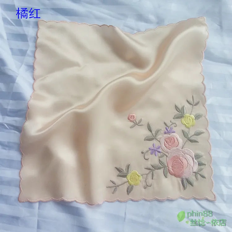 Women's 100% Pure Silk 16.5 mm satin silk embroidery Square handkerchief 26cm 10" WJ007