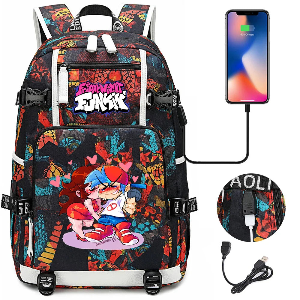 Friday Night Funkin Backpacks For School Multifunction USB Charging Bag Boy Girl Teenager School Bags Travel Laptop Mochila