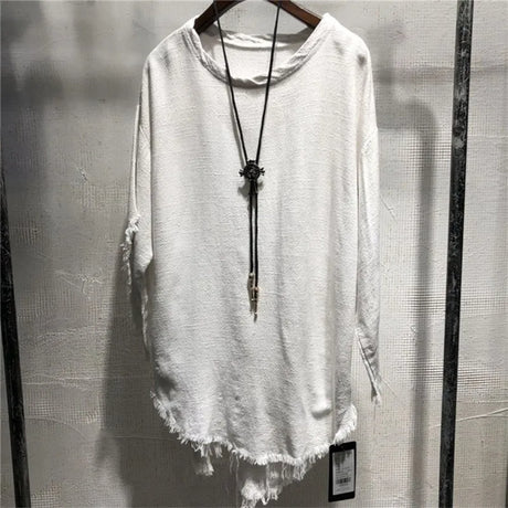 Harajuku Mens Summer Casual Cotton Linen T-shirt O Neck Half Sleeve Tassels Loose Fit Irregular Male Tees Tops Pullover T-shirts