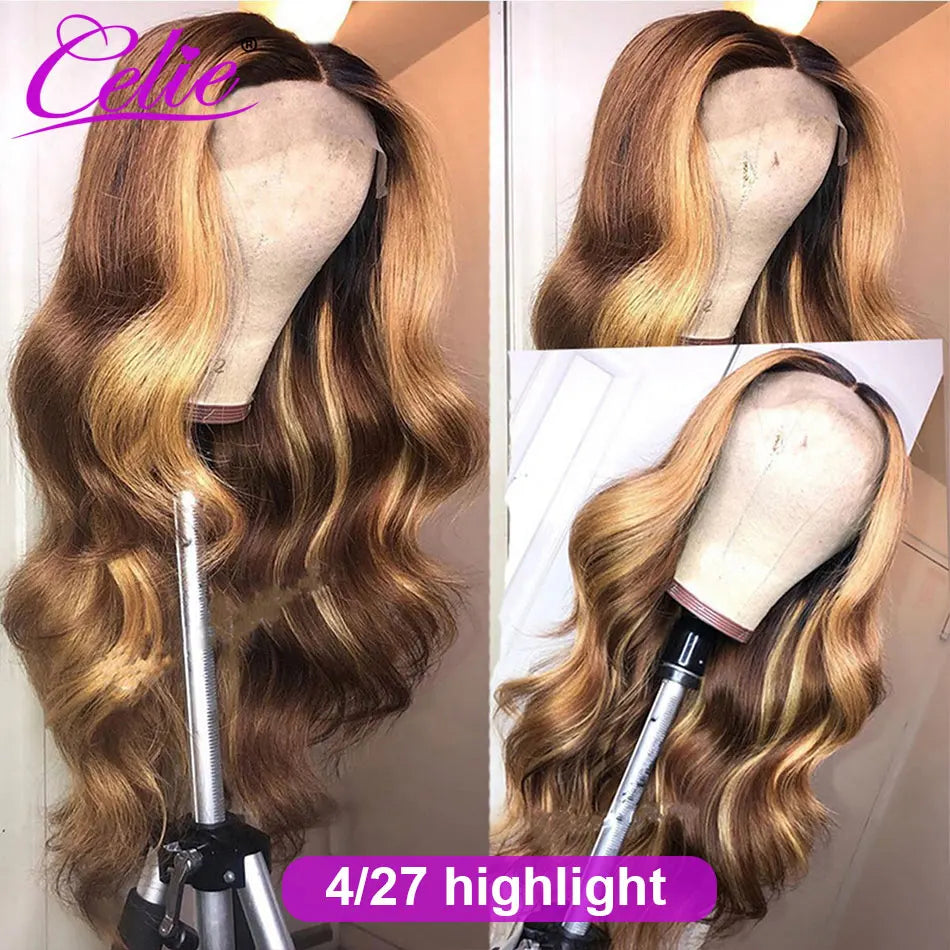 Celie Glueless Highlight Wig Human Hair Body Wave HD Transparent Ombre Colored Human Hair Wigs 4 27 Honey Blonde Lace Front Wig