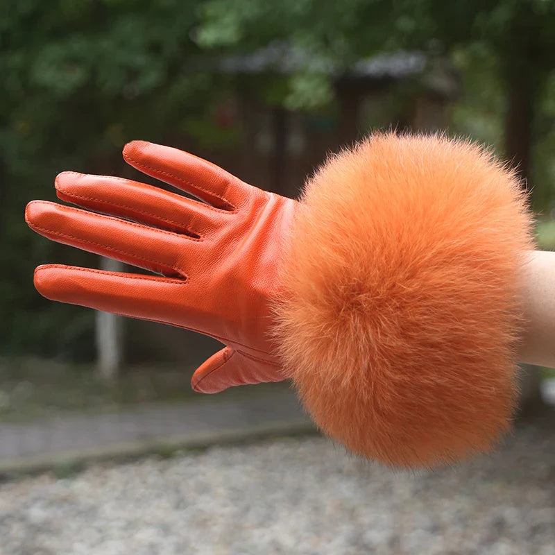 Real Sheepskin Fox Fur Gloves Women's Genuine Leather Glove Winter Warm Fashion Style Natural Fluffy Fox Fur Oversized Customize