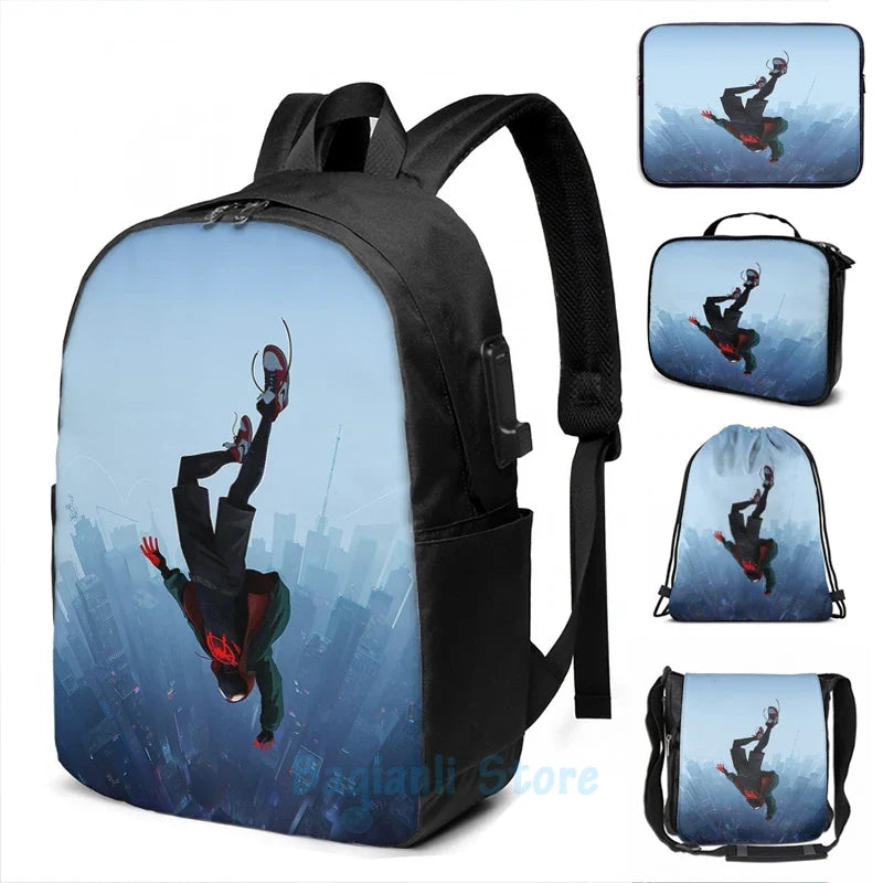 Funny Graphic print Miles Morales jump USB Charge Backpack Men School Bags Women Bag Travel Laptop bag