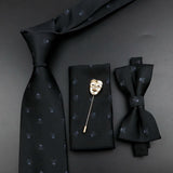 Fashion Men's Skull Tie Set New Design 8cm Polyester Suit Collar Bowtie Handkerchief Trendy Mask Brooch Luxury Wedding Accessory