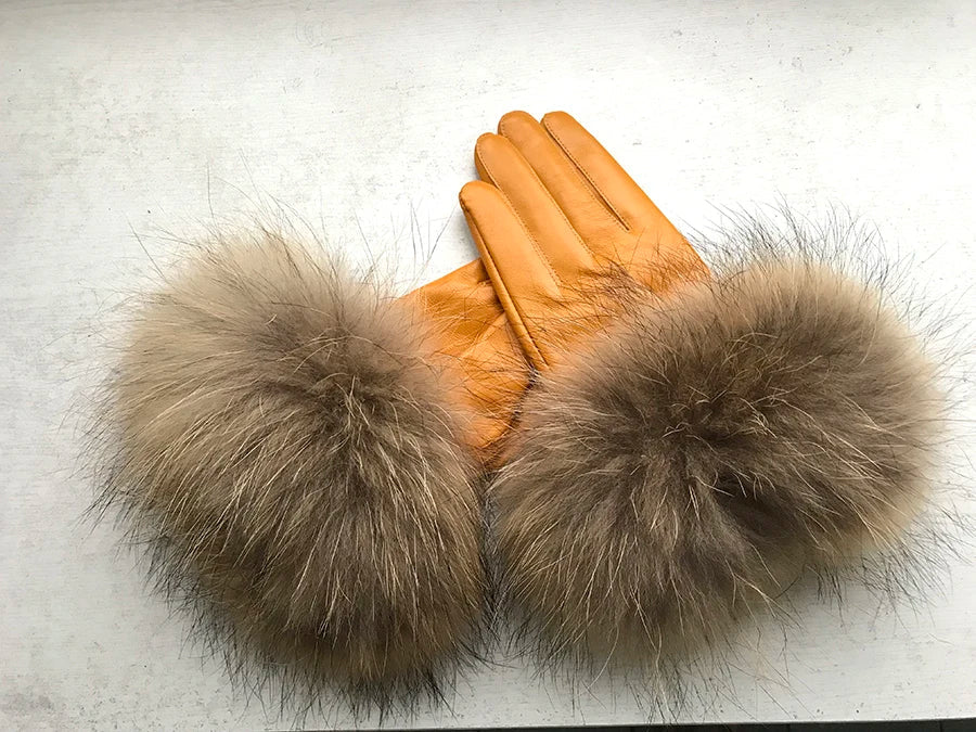 Real Sheepskin Fox Fur Gloves Women's Genuine Leather Glove Winter Warm Fashion Style Natural Fluffy Fox Fur Oversized Customize