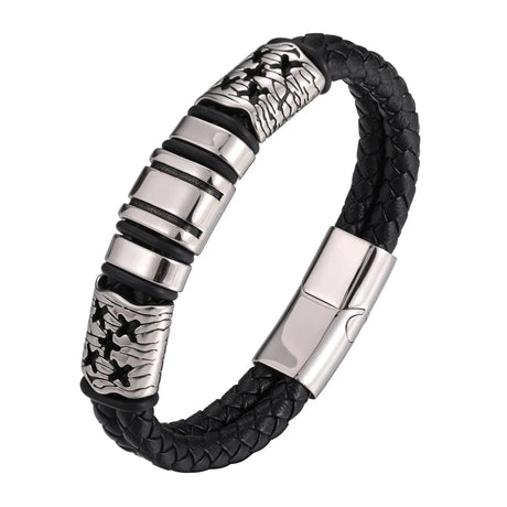 Fashion Men‘s Women’s Titanium Steel Double Braided Leather Bracelet Stainless Magnetic Clasp Wrist Jewelry Gift Free Shipping