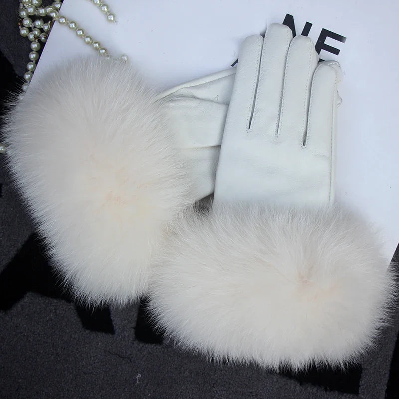 Real Sheepskin Fox Fur Gloves Women's Genuine Leather Glove Winter Warm Fashion Style Natural Fluffy Fox Fur Oversized Customize