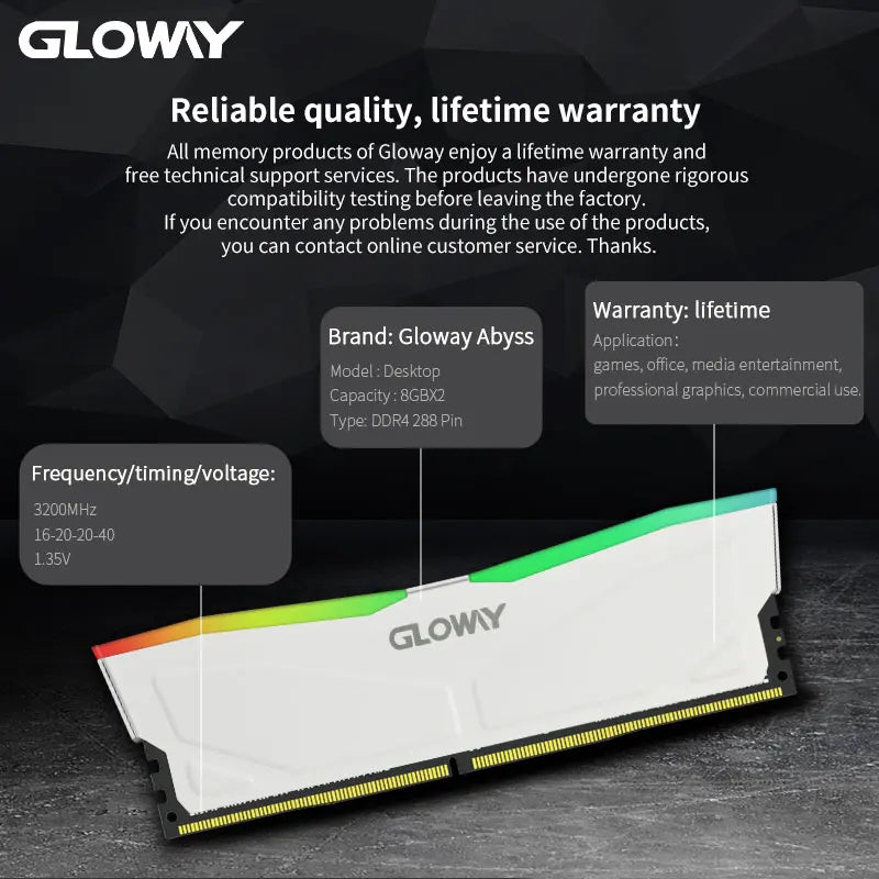 Gloway Memoria RAM DDR4 RGB 8GB 16GB 3200mhz 3600mhz  Dual Channel DDR4 3200mhz Memory Desktop Gaming High Performance Ram