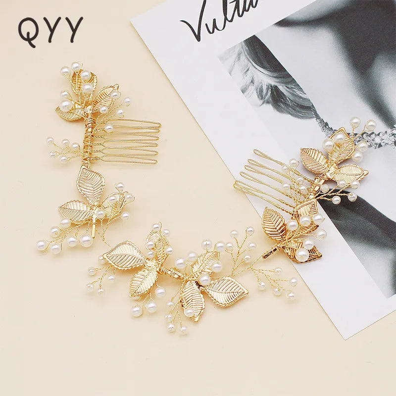 QYY Newest Gold Color Leaves Wedding Hair Comb Long Bridal Hair Accessories Jewelry Pearls Alloy Headpieces Hair Clips