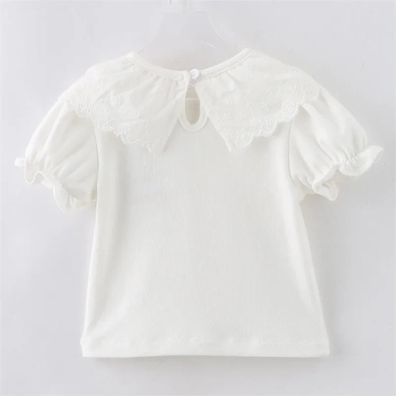 Sweet Princess Style Baby Girls Summer Solid Color Shirt Ruffles Lace Short Sleeve Soft Cotton Shirt Children Tops Outwear