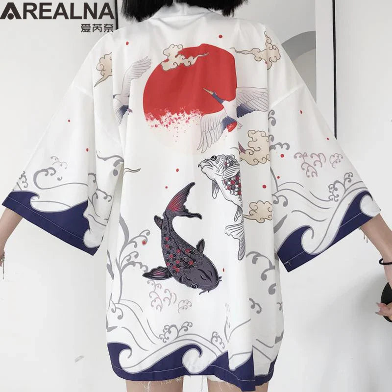 Japanese Kimono Traditional Clothing Crane Carp Anime Kimono Dress Shirts Women Samurai Haori Hombre Yukata Man Cardigan Shirt