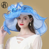 FS Flower Fascinator Women Kentucky Derby Wide Brim Wedding Church Organza Sun Hat 2023 Elegant Large Ladies Fedoras