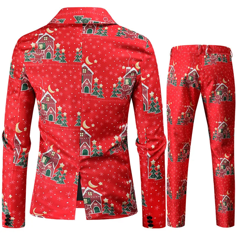 Red Printed Two-piece Men's Christmas Suit (Jacket + Pants) Stylish Male Blazer Coat with Trousers Black Green Blue S-4XL