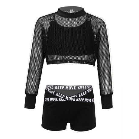 Kid Girl Cool Hip Hop Dance Outfits 3pcs Breathable Workout Short Net Blouse +Tank Top +Boyshorts Set Jazz Street Dance Costume