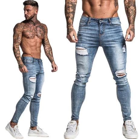 GINGTTO Jeans Men Elastic Waist Skinny Jeans Men 2020 Stretch Ripped Pants Streetwear Mens Denim Jeans Blue