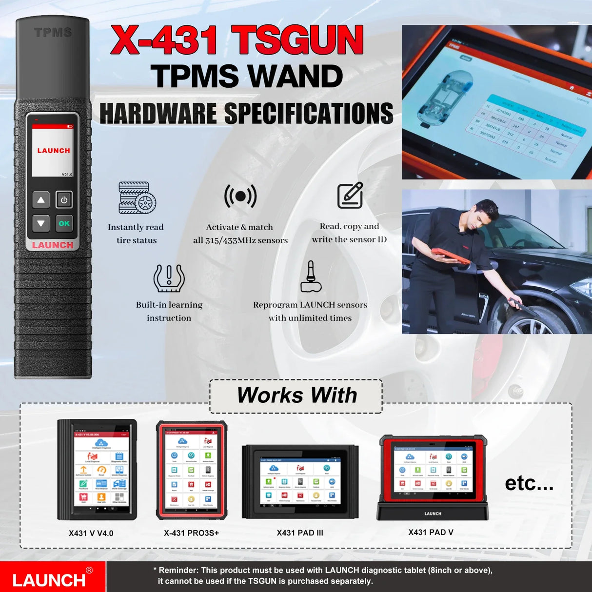 LAUNCH X431 TSGUN Tire Pressure Sensor Inspection Tool Handheld Terminator TPMS Programming Activate For X431 V/V+/Pro3s+/Pro3s