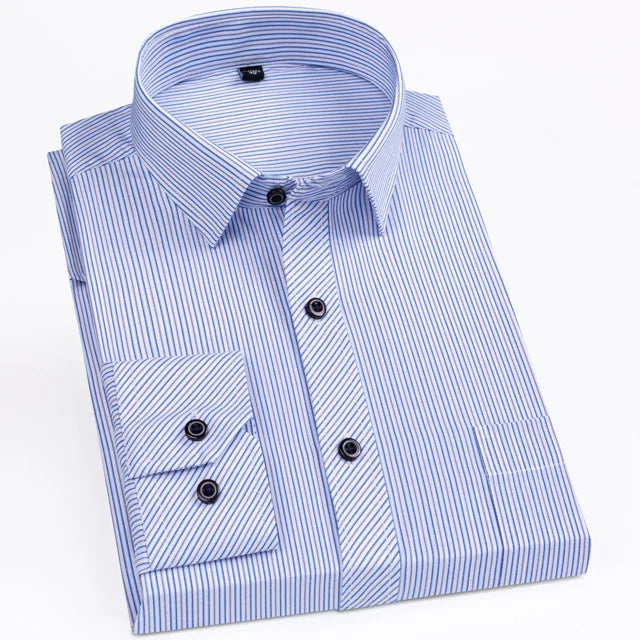 Men's Classic Striped Plaid Long Sleeve Dress Shirt Single Patch Pocket Formal Business Standard-fit Smart Casual Office Shirts