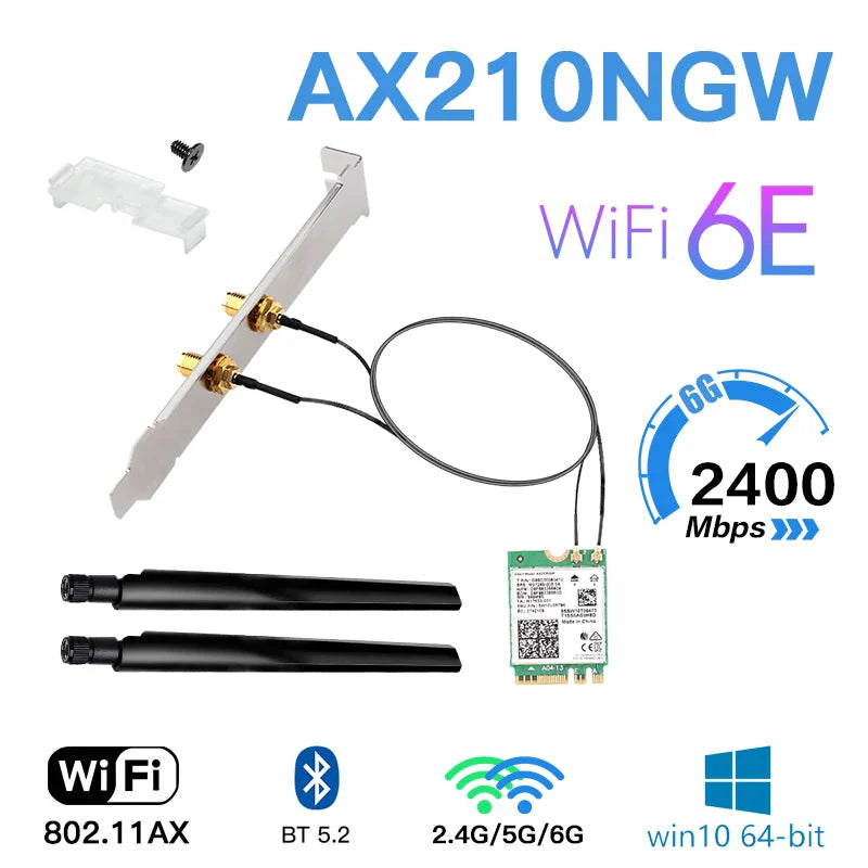 3000Mbps Wi-Fi 6E Intel AX210 Desktop Kit Dual Band 802.11AX 2.4G/5G/6Ghz Wi-fi adapter M.2 Bluetooth5.2 WiFi Card Network Win10