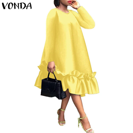 Plus Size Women Dress 2023 VONDA Casual Solid Color Dresses Vintage Sundress Long Sleeve Ruffled Vestido Robe Femme