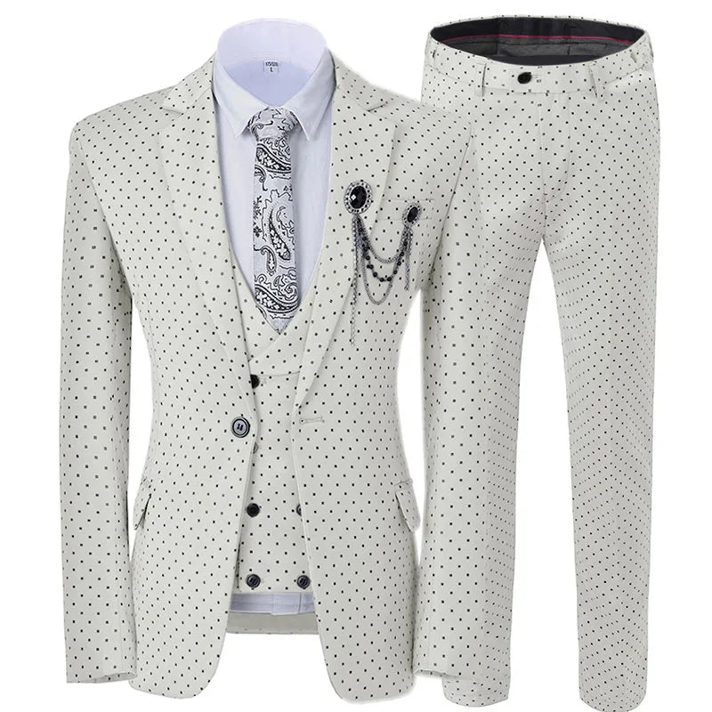 New Men's White Suit 3 Pieces Spotted Notch Lapel Slim Fit Double Breasted Vest Tuxedos Groomsmen For Wedding(Blazer+vest+Pants)